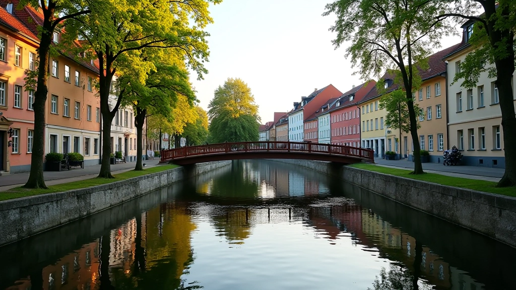 Rīgas kanāls ar tradicionālām ēkām, skaista arhitektūra, mierīga ūdens virsma